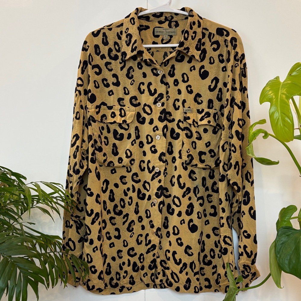 Guess Leopard Print Button Down Shirt - Black and Tan